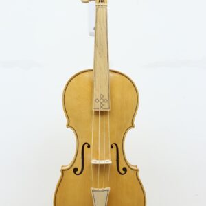 Vooraanzicht van een viool met snaren, f-gaten, brug en staartstuk, hangend aan een muur